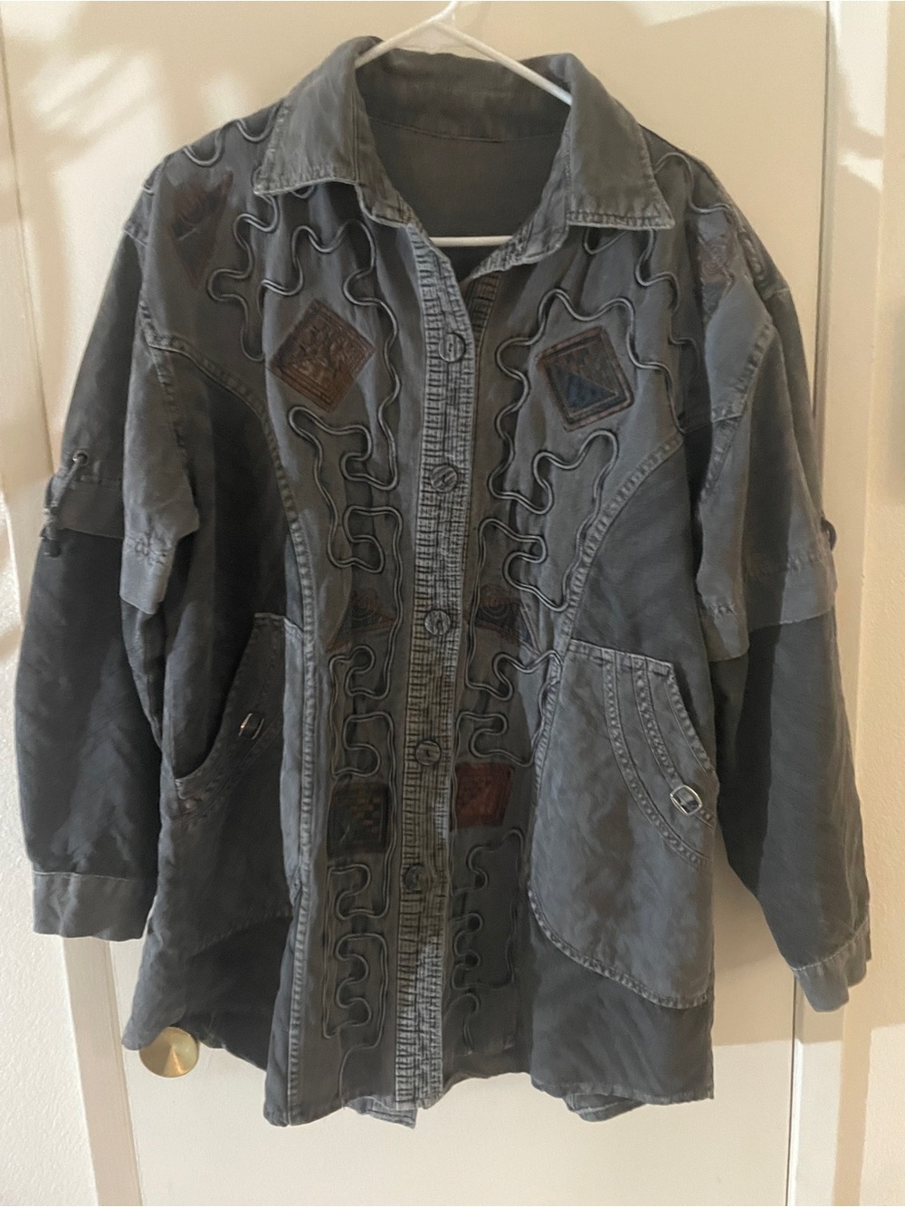 Vintage Artsy Wearable Art Patchwork Utility Jacket Boho Lagenlook Oversized